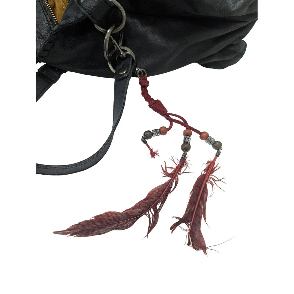 Patricia Nash Black Leather Whipstitch Satchel Crossbody Bag with Feather Charm